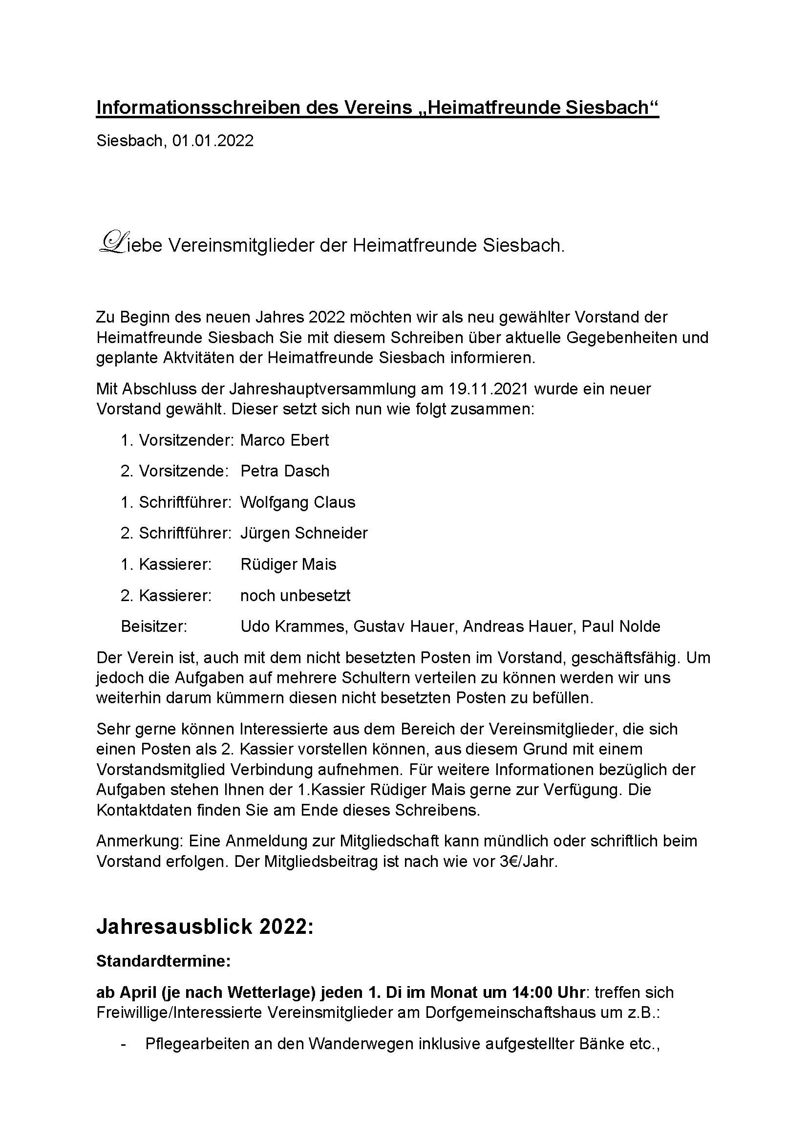 Info Heimatfreunde Siesbach Januar 2022