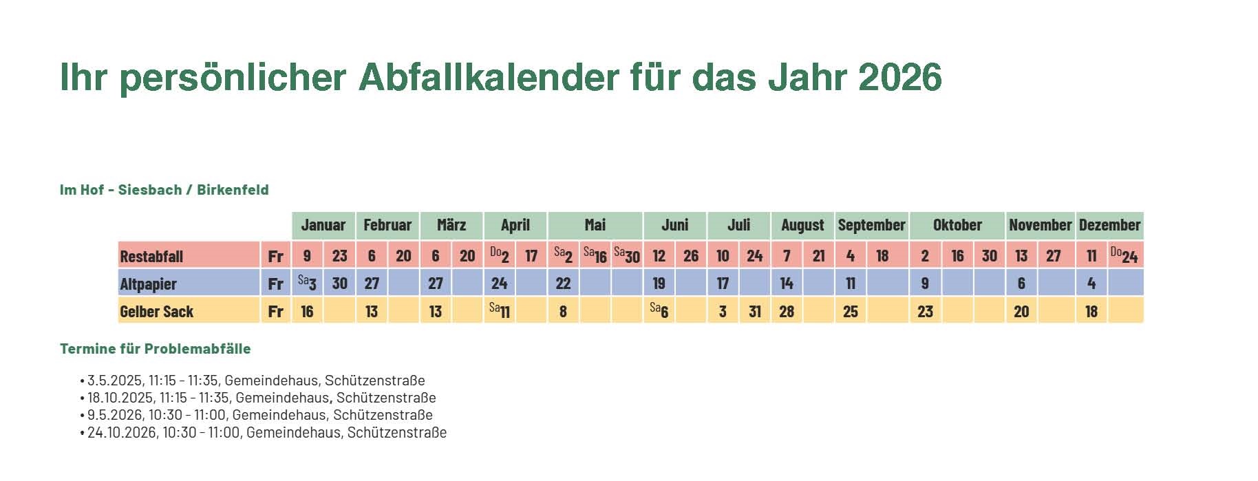 Termine M�llabfuhr Siesbach