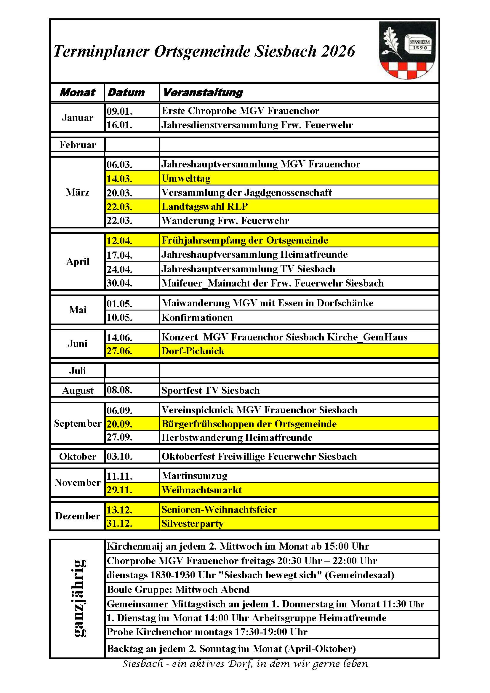 Terminplaner Gemeinde Siesbach 2026
